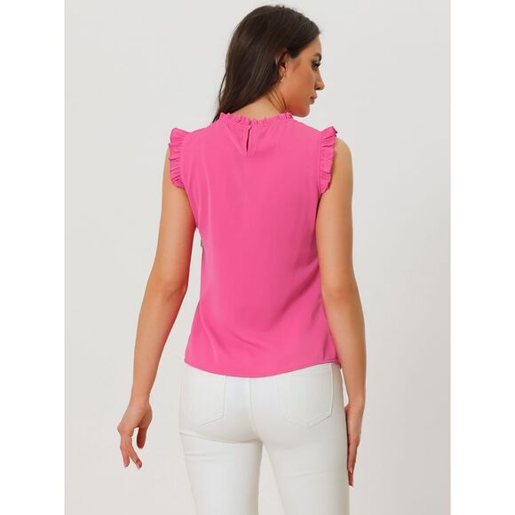 Ruffled Business Office Vintage Sleeveless Work Blouses Top Neon Pink - Picture 4 of 6